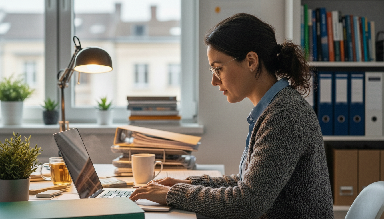 Social worker at desk in office reading laptop