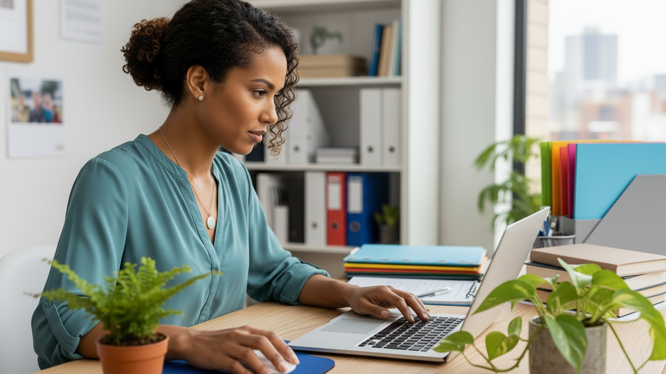 Social worker in office reads CE on laptop